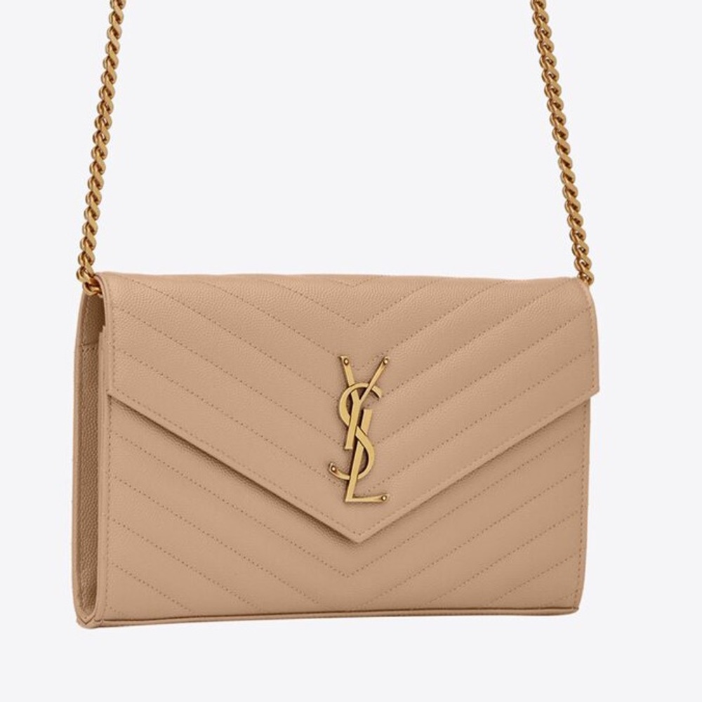 YSL MONOGRAM CHAIN WALLET IN GRAIN DE POUDRE EMBOSSED LEATHER